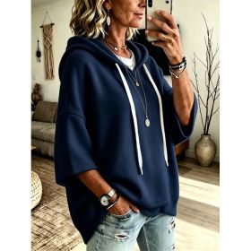 Womens Loose-fitting Hooded Top With Three-quarter Sleeves (Option: Navy Blue-3XL)